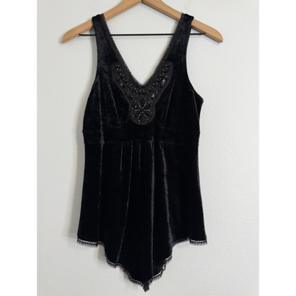 Express - Y2K Black Velvet BabyDoll Blouse Sequin Beaded Embellished Size Small